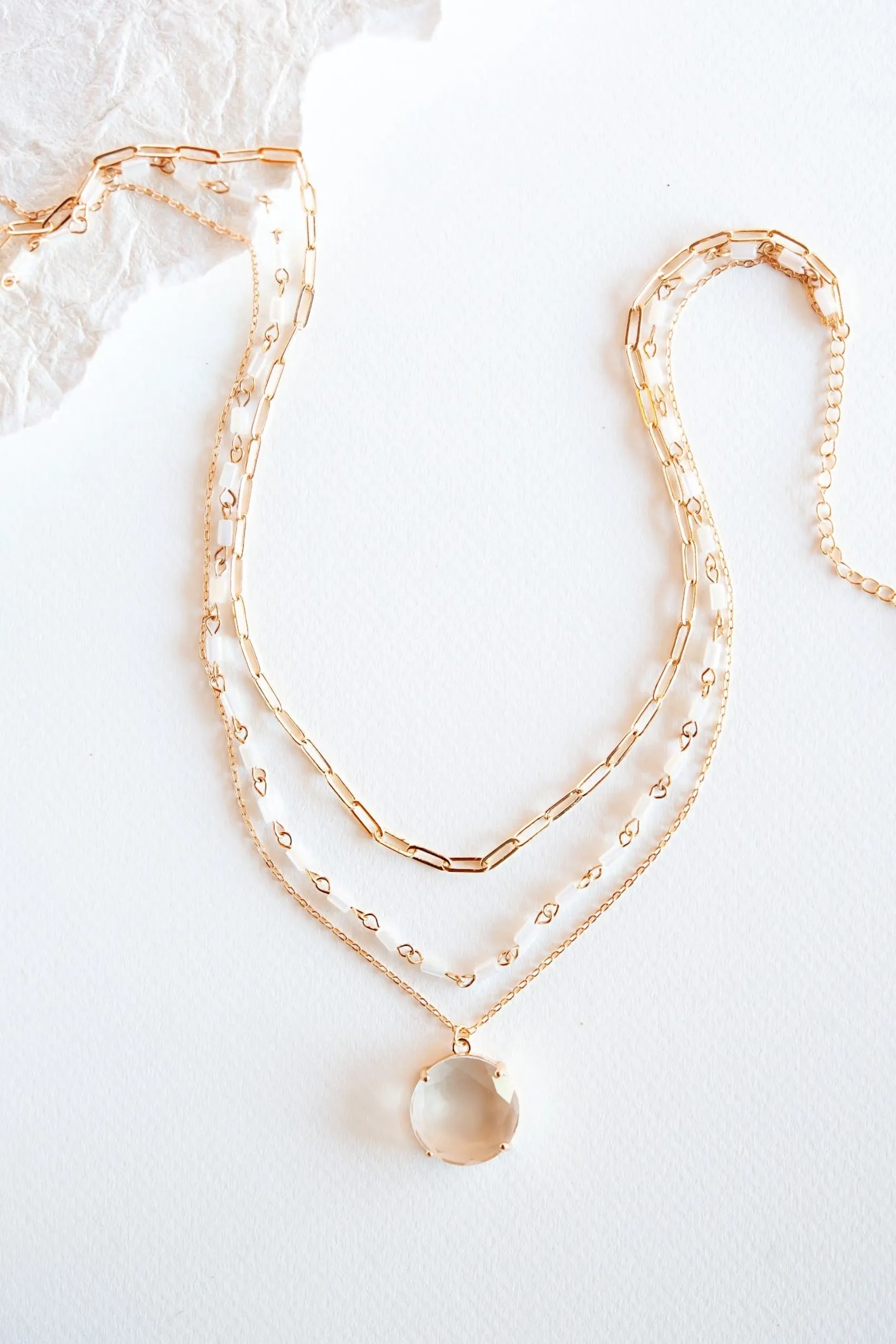 Mary Layering Necklace | Gold Chain and Round Crystal Accent Stone | Elegant Crystal Pendant and Gold Chain Necklace