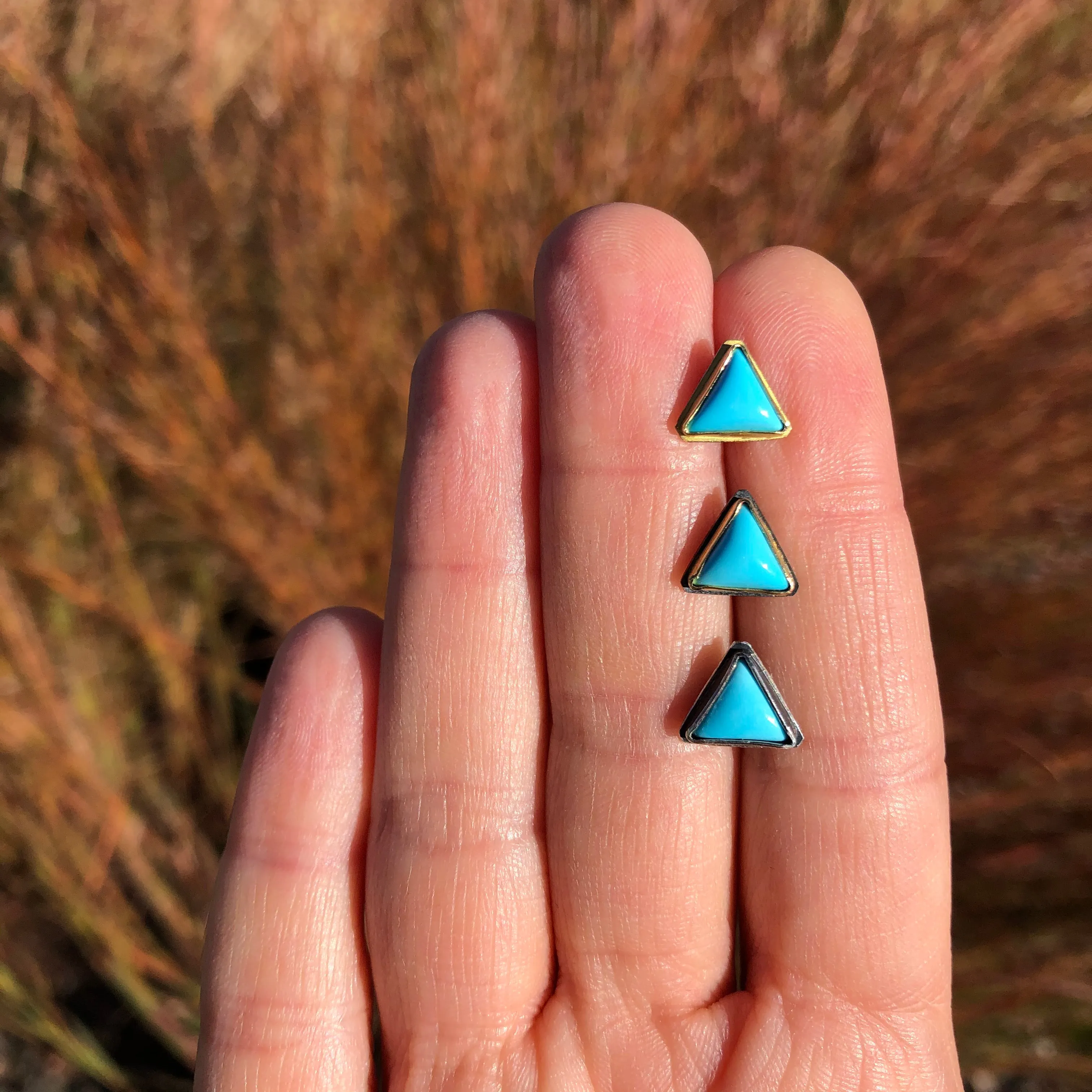 Medium Triangular Turquoise Studs in Oxidized Silver and Gold