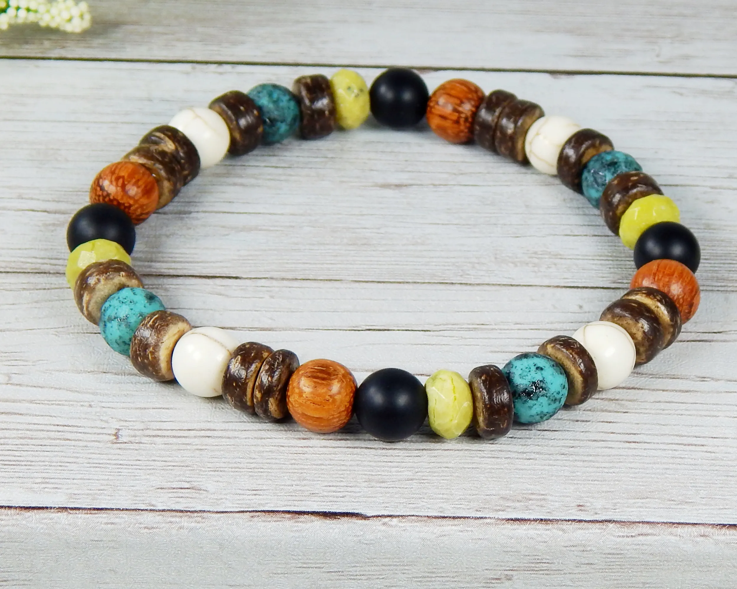 Mens Beaded Bracelet with Earthy Colors - Boho Wood Bracelets for Men