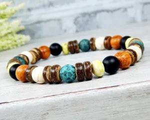 Mens Beaded Bracelet with Earthy Colors - Boho Wood Bracelets for Men