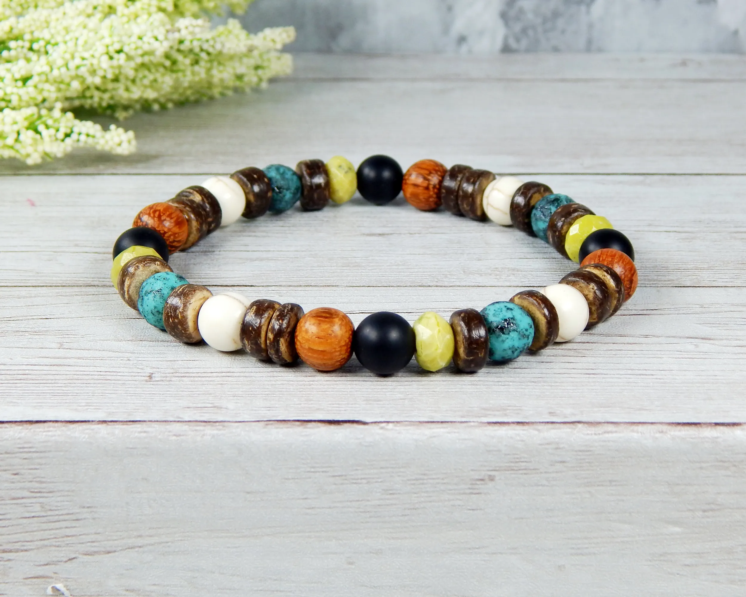 Mens Beaded Bracelet with Earthy Colors - Boho Wood Bracelets for Men