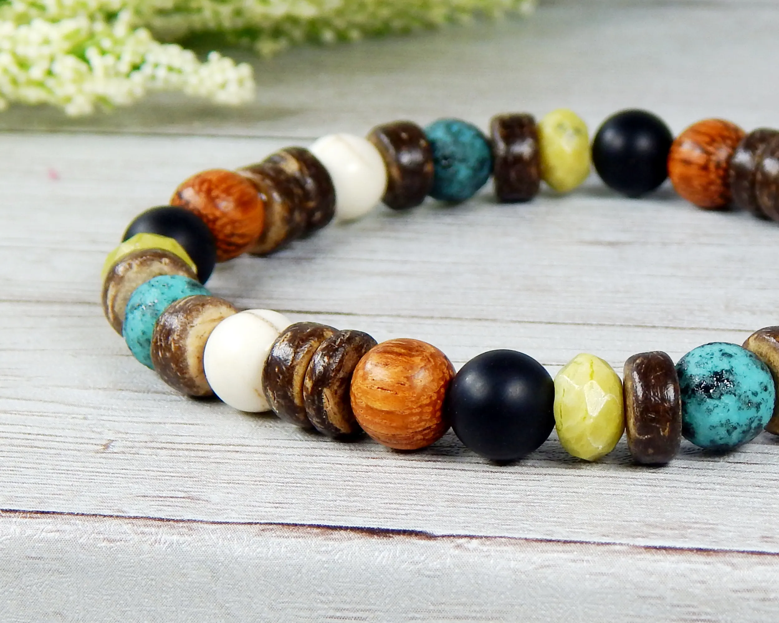 Mens Beaded Bracelet with Earthy Colors - Boho Wood Bracelets for Men