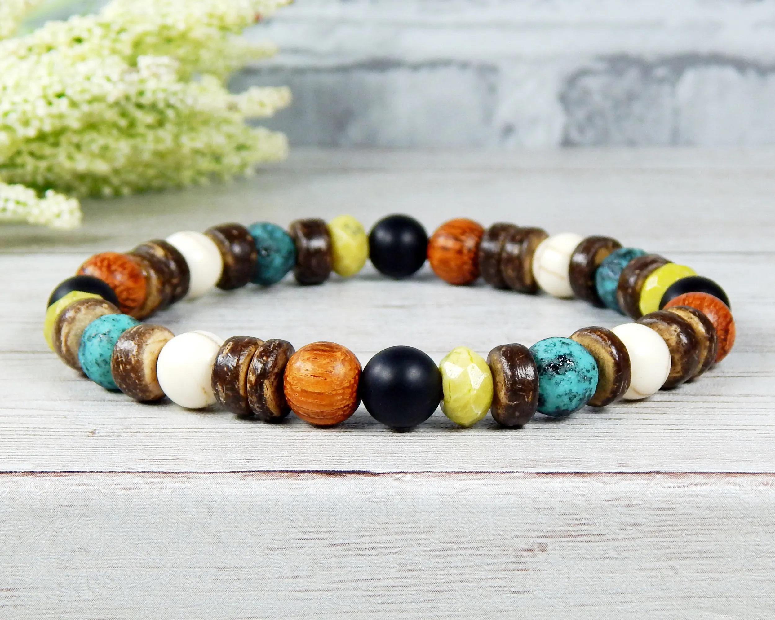 Mens Beaded Bracelet with Earthy Colors - Boho Wood Bracelets for Men