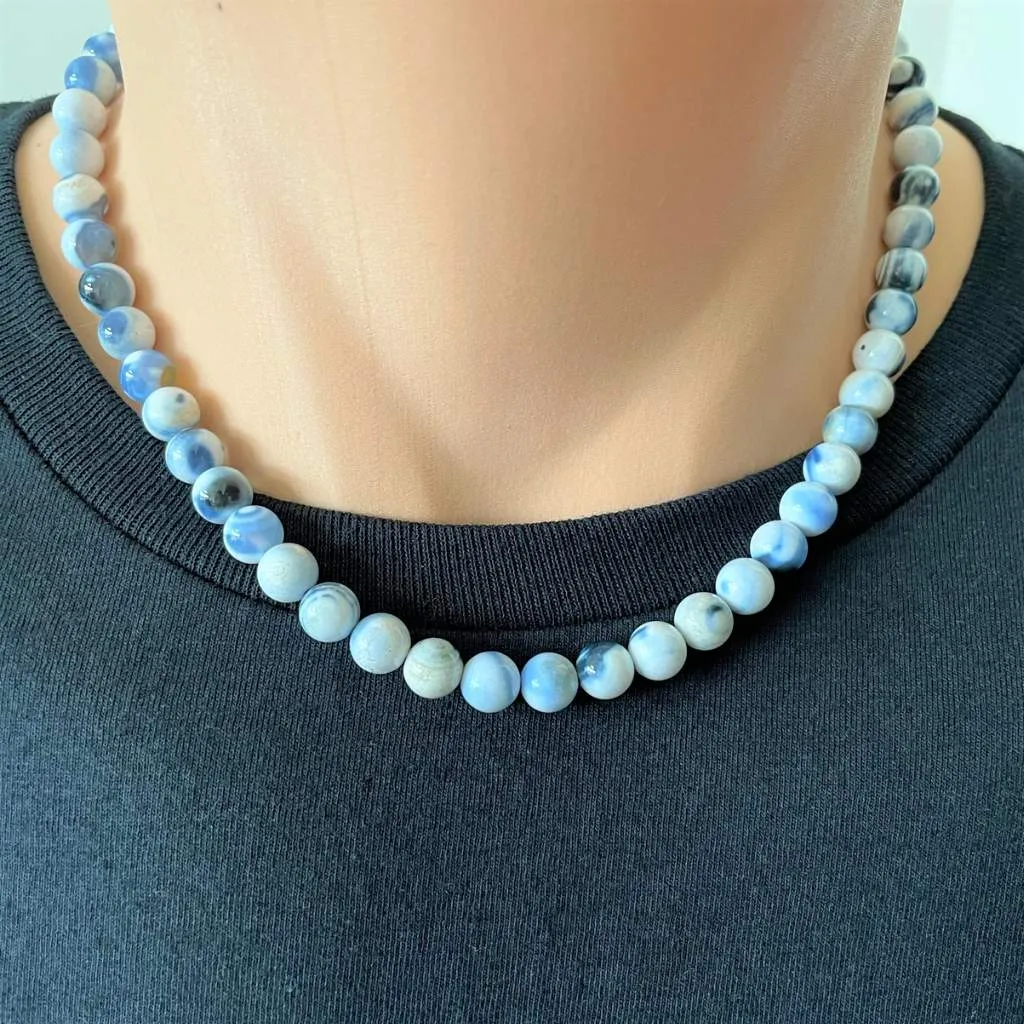 Mens Blue and White Matte Agate Beaded Necklace