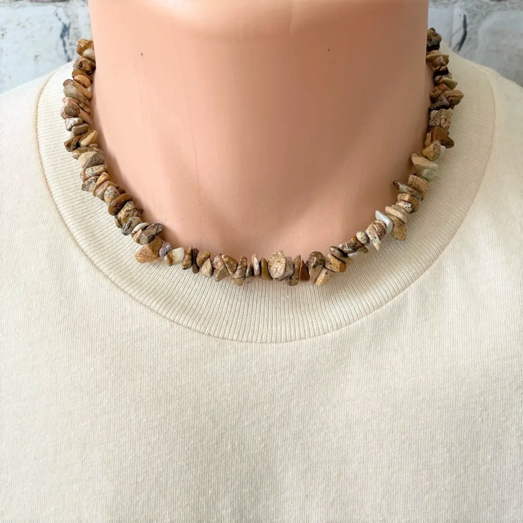 Mens Picture Jasper Chip Beaded Necklace