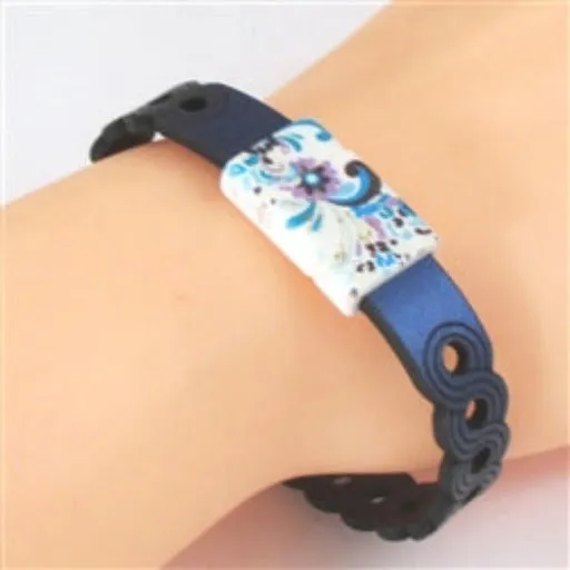 Metallic Blue Leather Bracelet with Cute Foral Clasp for a Woman