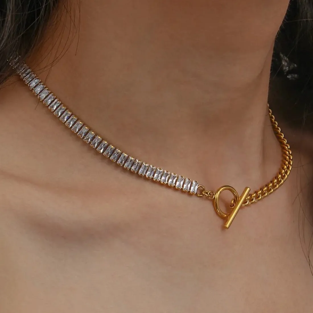 Mixed Chain T Bar Baguette Tennis Choker Necklace