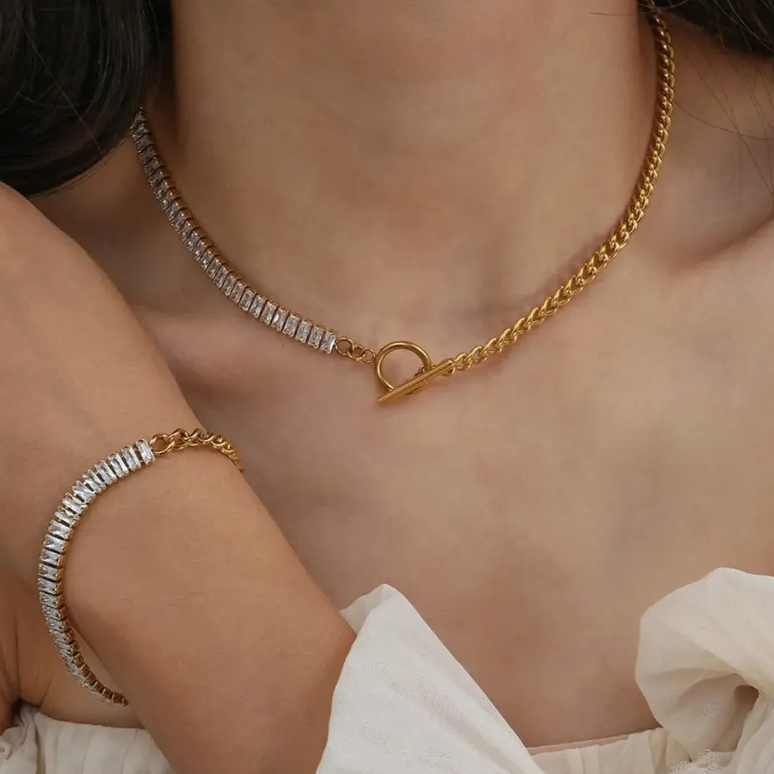 Mixed Chain T Bar Baguette Tennis Choker Necklace