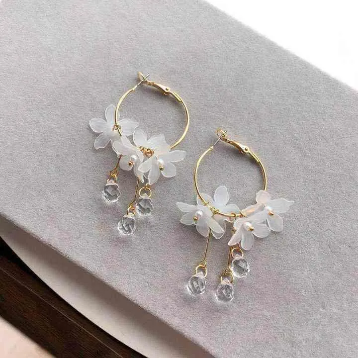 Multi White Flower Crystal Balls Hoop Earring