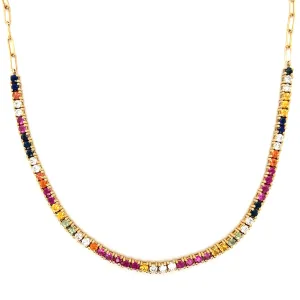 Multicolored Sapphires and Diamond Tennis on Paperclip Choker