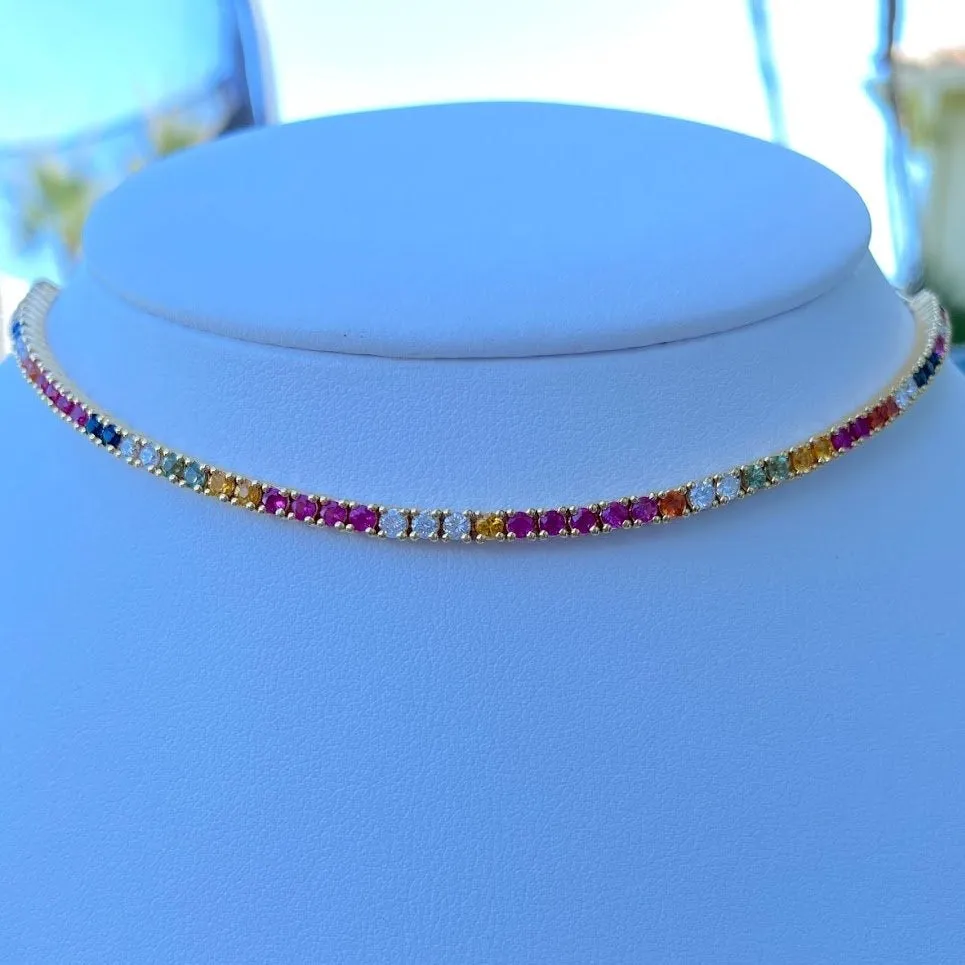 Multicolored Sapphires and Diamond Tennis on Paperclip Choker