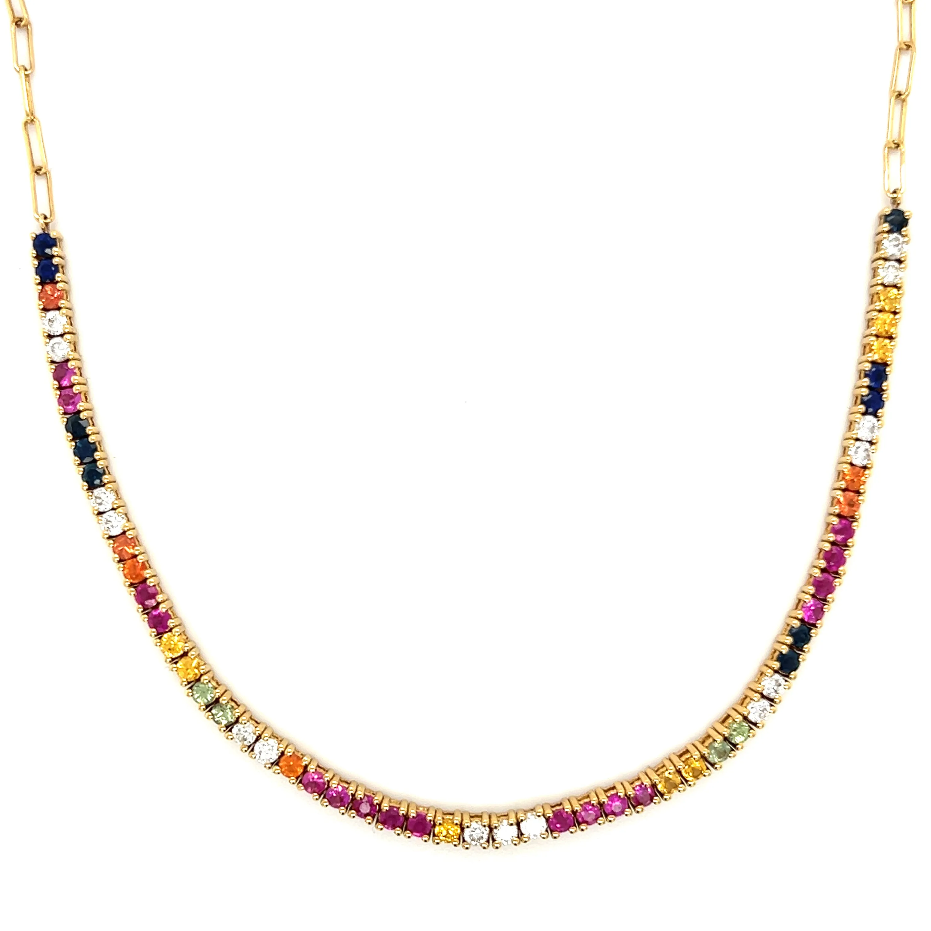 Multicolored Sapphires and Diamond Tennis on Paperclip Choker