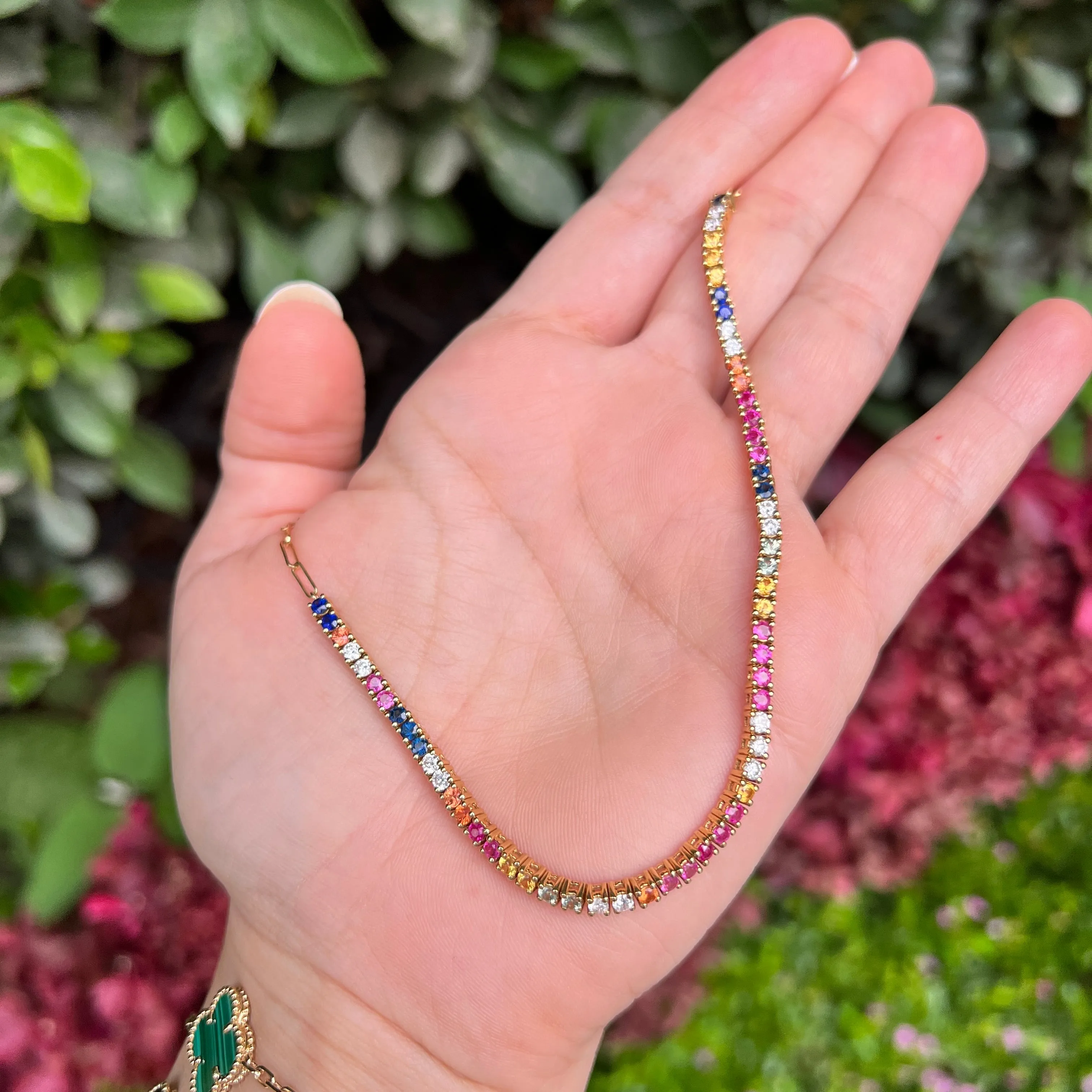 Multicolored Sapphires and Diamond Tennis on Paperclip Choker