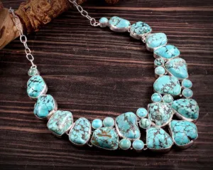 Natural Raw Tumbled Turquoise Cluster Bib Statement Necklace For Women - 925 Solid Sterling Silver Necklace