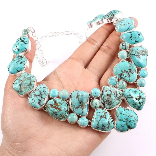 Natural Raw Tumbled Turquoise Cluster Bib Statement Necklace For Women - 925 Solid Sterling Silver Necklace