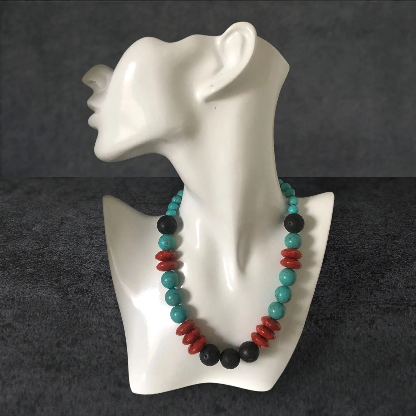 Natural Turquoise, Red Coral and Lava Beaded Necklace