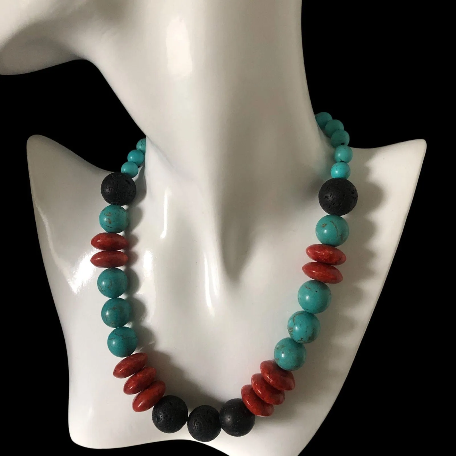 Natural Turquoise, Red Coral and Lava Beaded Necklace