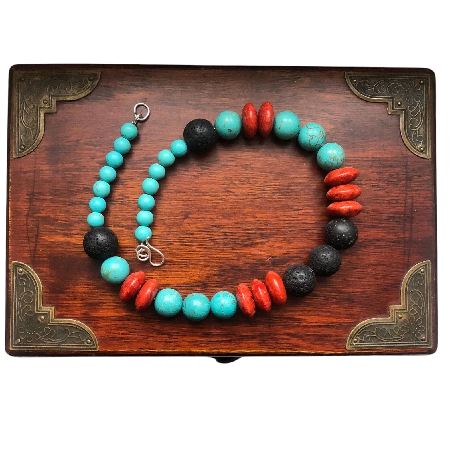 Natural Turquoise, Red Coral and Lava Beaded Necklace