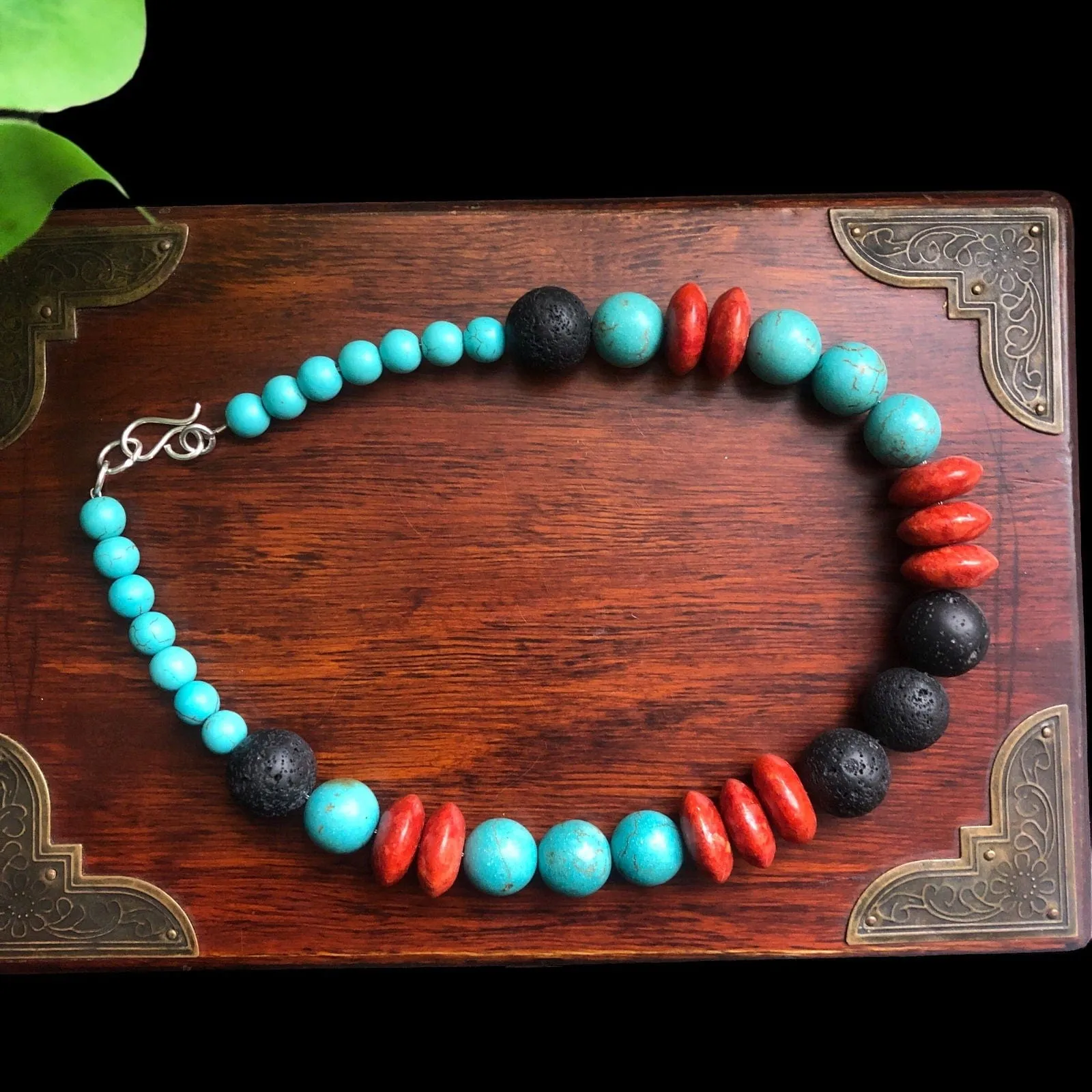 Natural Turquoise, Red Coral and Lava Beaded Necklace