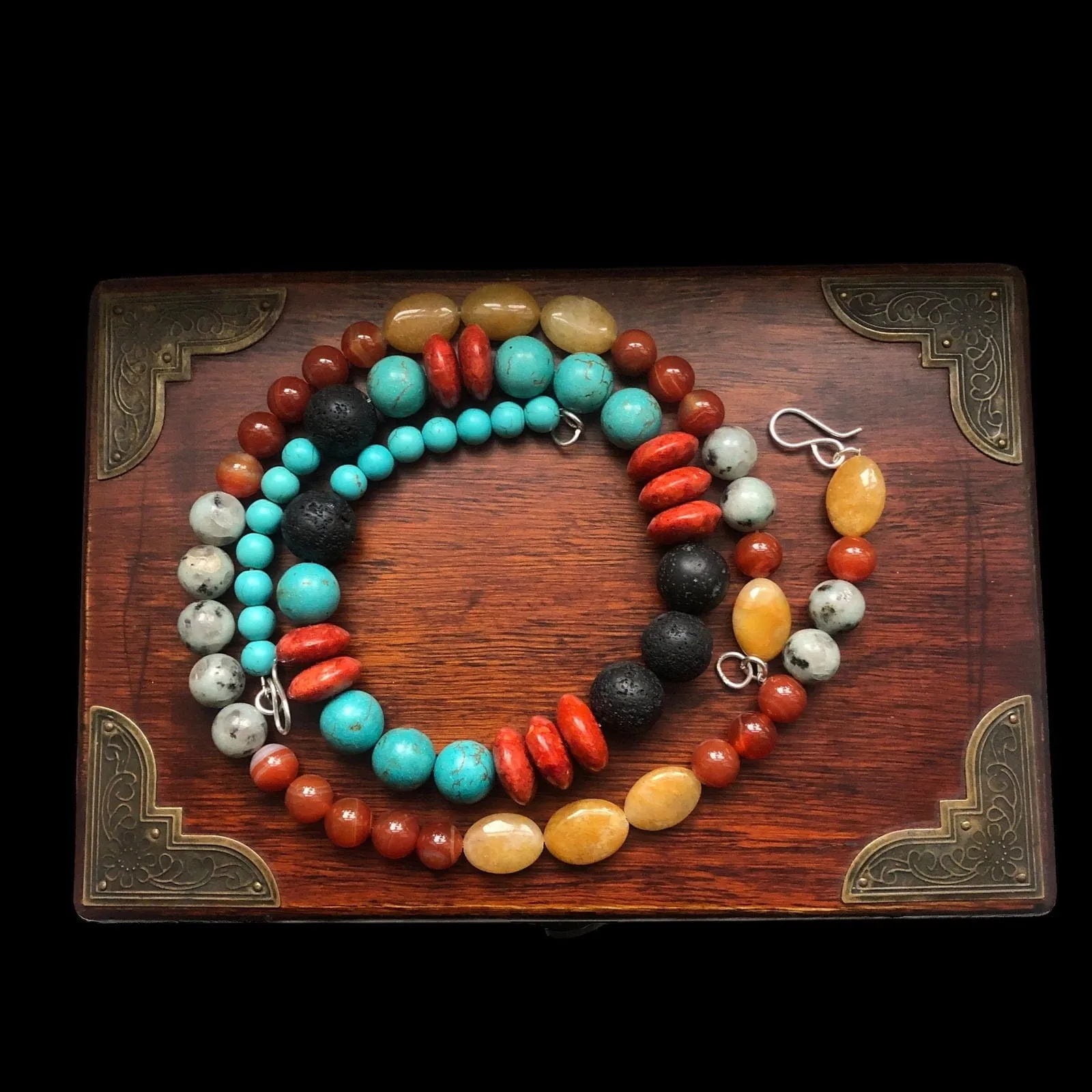 Natural Turquoise, Red Coral and Lava Beaded Necklace