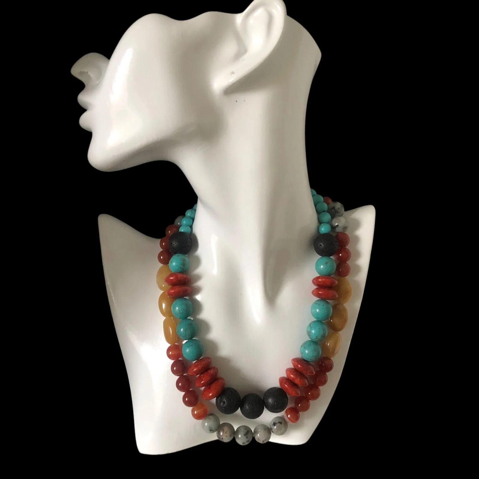 Natural Turquoise, Red Coral and Lava Beaded Necklace