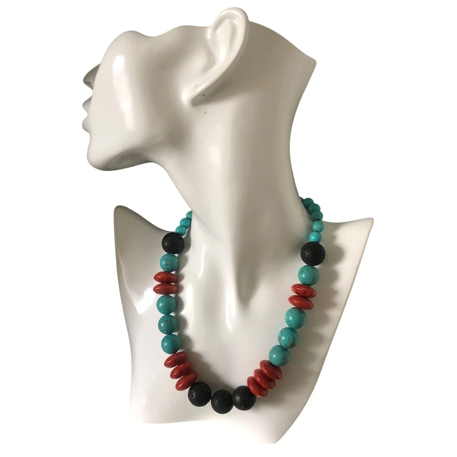 Natural Turquoise, Red Coral and Lava Beaded Necklace