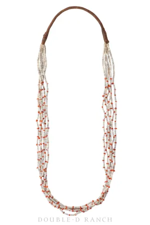 Necklace, Natural Stone, Heishi, 6 Strand, Brown Voluta Shell & Coral, Contemporary, 1980