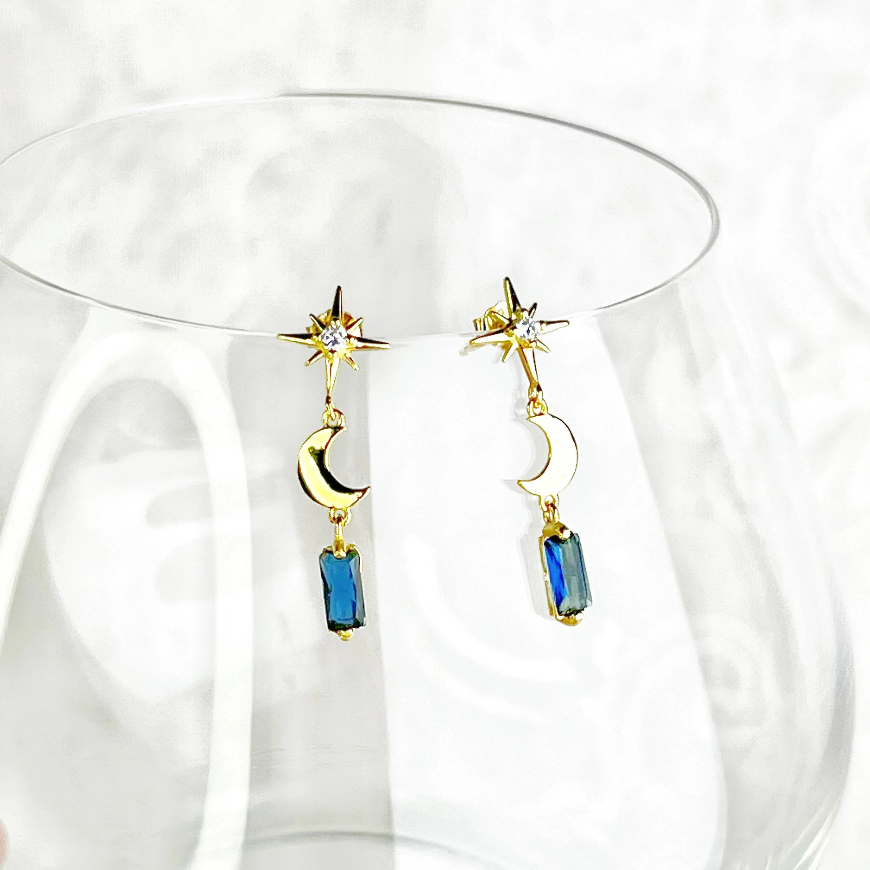 Ninaouity Gold Moon and Star Navy Crystal Earrings