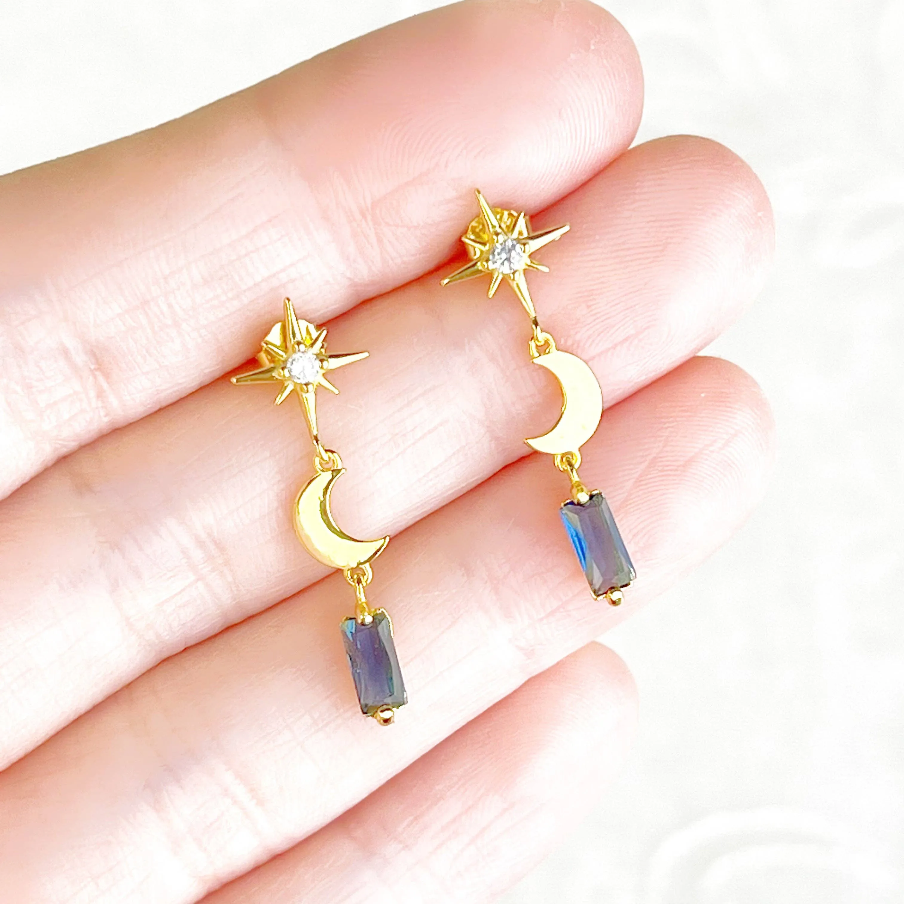 Ninaouity Gold Moon and Star Navy Crystal Earrings