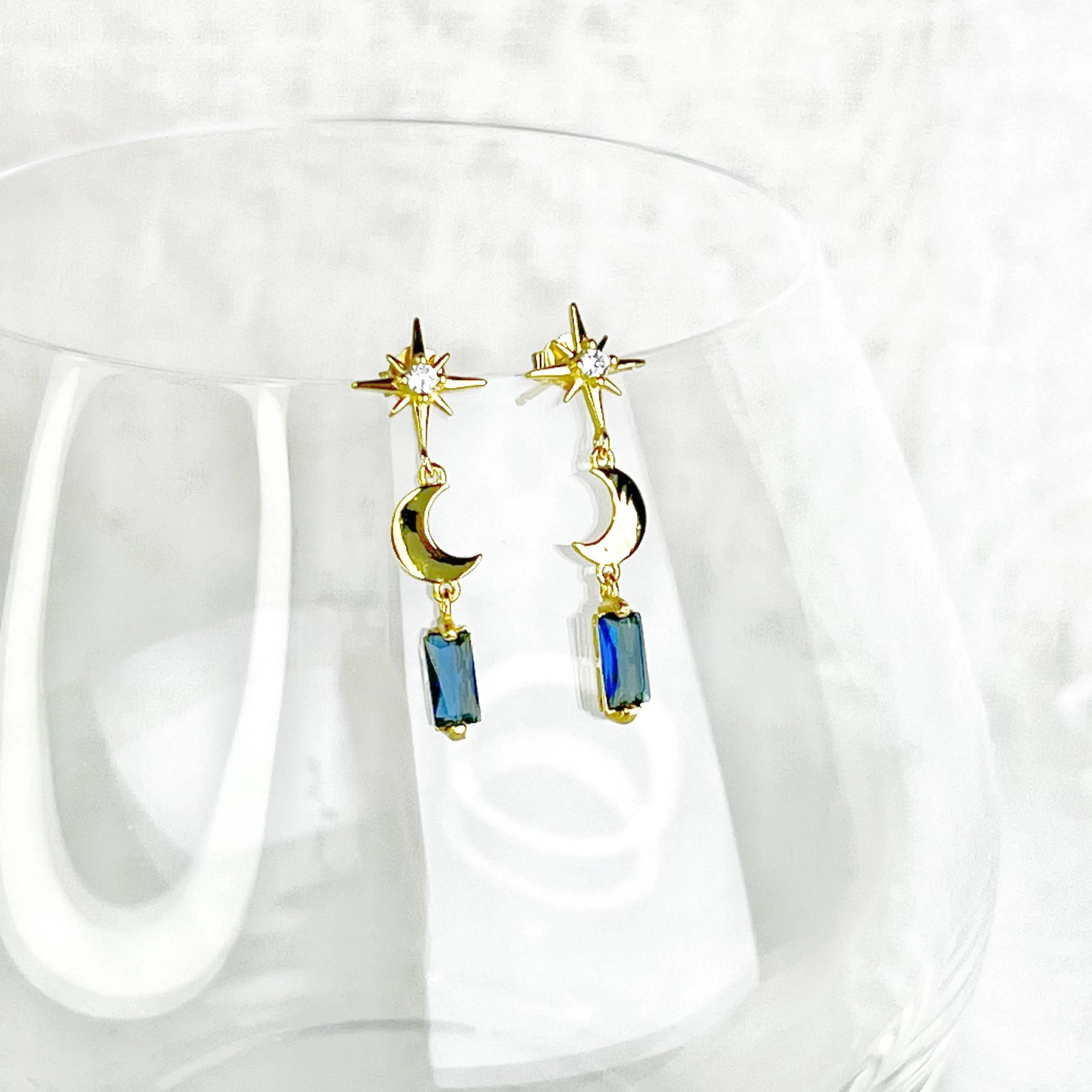 Ninaouity Gold Moon and Star Navy Crystal Earrings