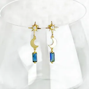 Ninaouity Gold Moon and Star Navy Crystal Earrings