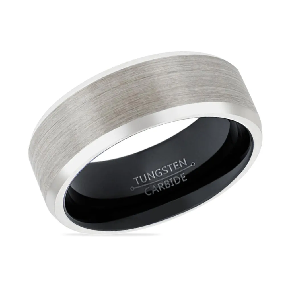 PANDA | Black Ring, Silver Tungsten Ring, Brushed, Beveled