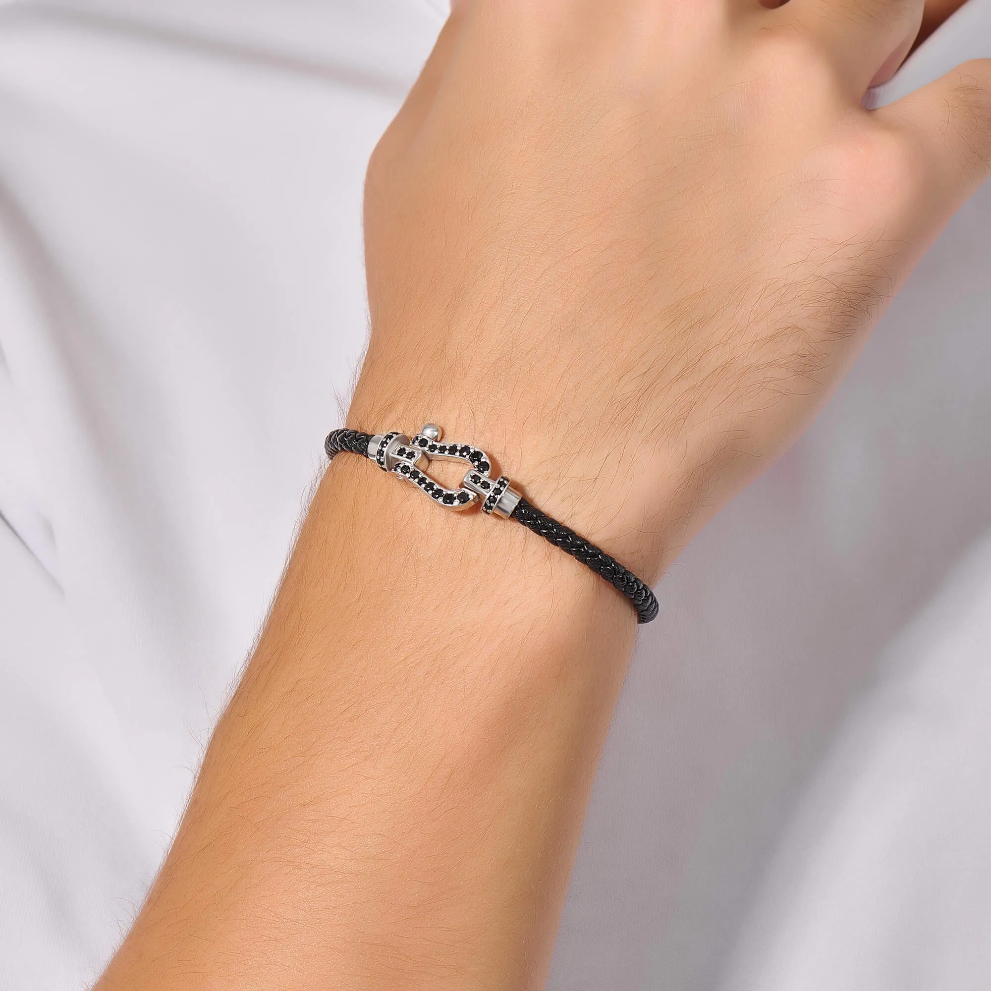 Pave Buckle Leather Bracelet in Silver