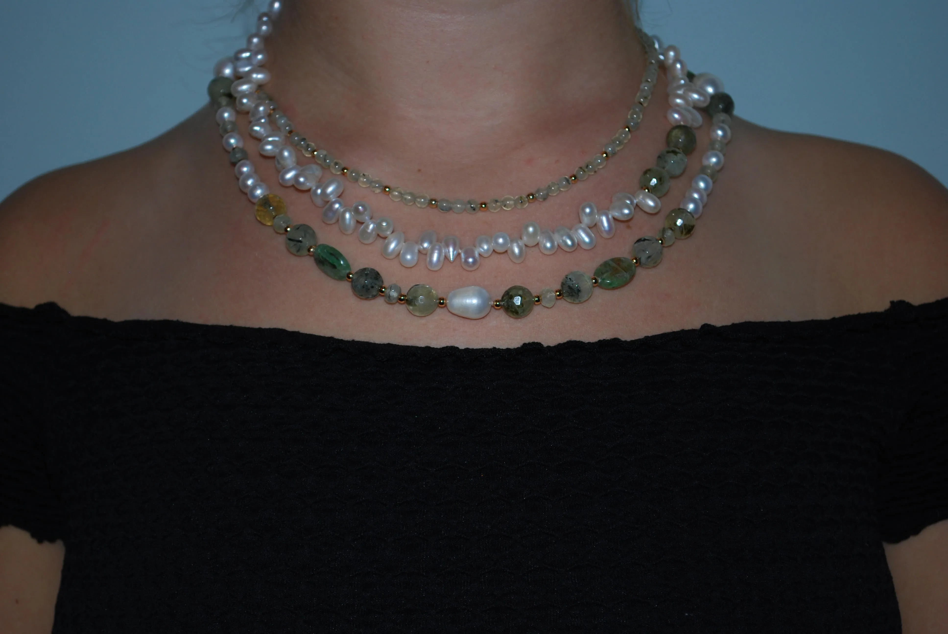 Peridot, hairstone, and pearl necklace