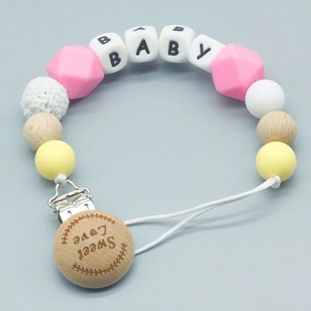 Personalized Name Silicone and Wood Pacifier Clips for Kids