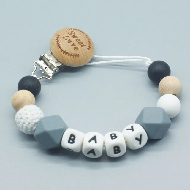 Personalized Name Silicone and Wood Pacifier Clips for Kids