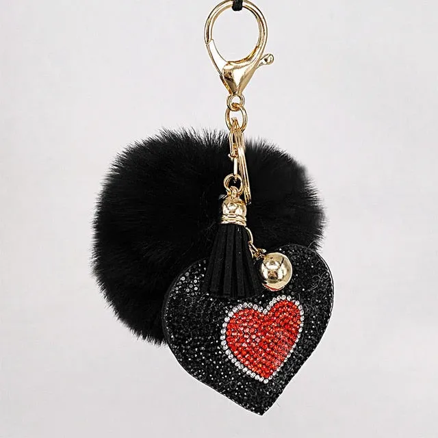 Pompom Keychain Rhinestone Heart Women's Bags Key Ring Handmade Accrssories Keychains Pendants Charming Suspension Decoration