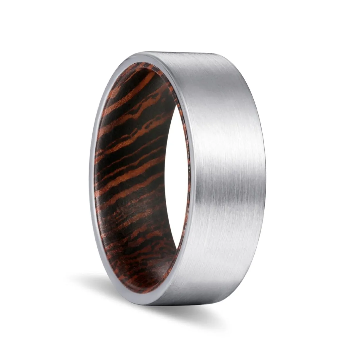 PRECIOUS | Wenge Wood, Silver Tungsten Ring, Brushed, Flat