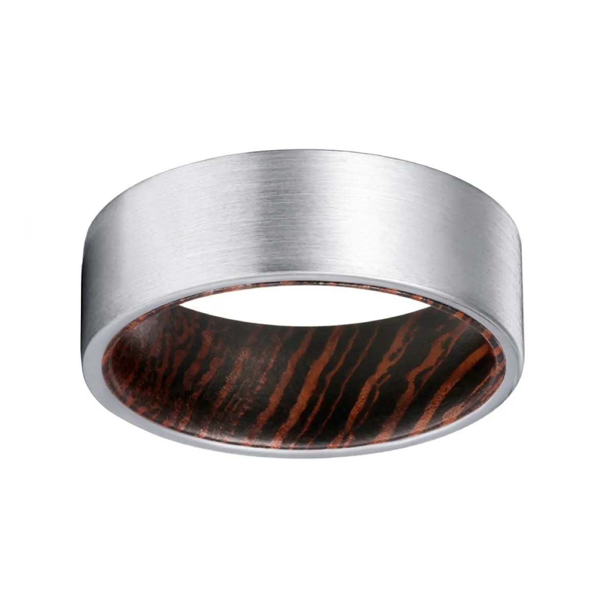 PRECIOUS | Wenge Wood, Silver Tungsten Ring, Brushed, Flat