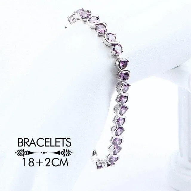 Purple AAA  Quality Zirconia Bridal Wedding Jewelry Set with  Silver 925 Necklace Ring Earrings Bracelet