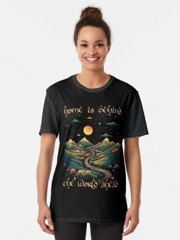 "Lord of the Rings Inspired Fantasy Graphic T-Shirt: 'Home is Behind, the World Ahead'"