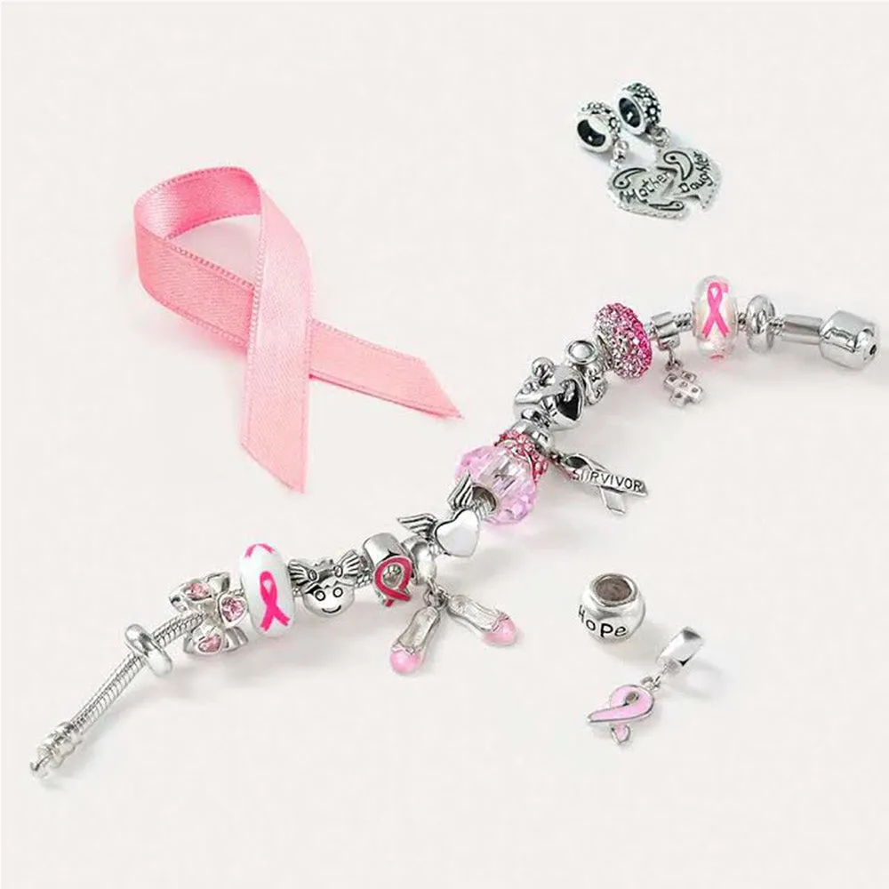 Radiant Pink Ribbon Hope Breast Cancer Survivor Charm Bead - Sterling Silver