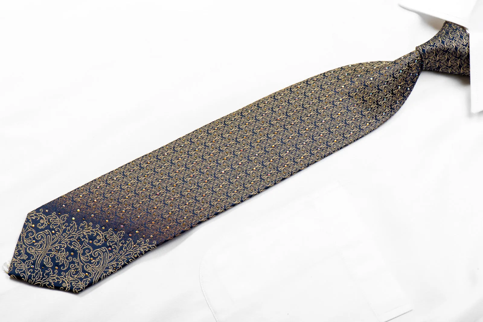 Rhinestone Silk Necktie Gold Filigree On Navy With Gold Studs