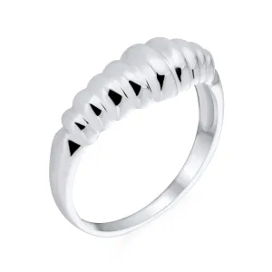 Ribbed Dome Croissant Silver Ring: Dainty Shrimp Band Thin Sterling