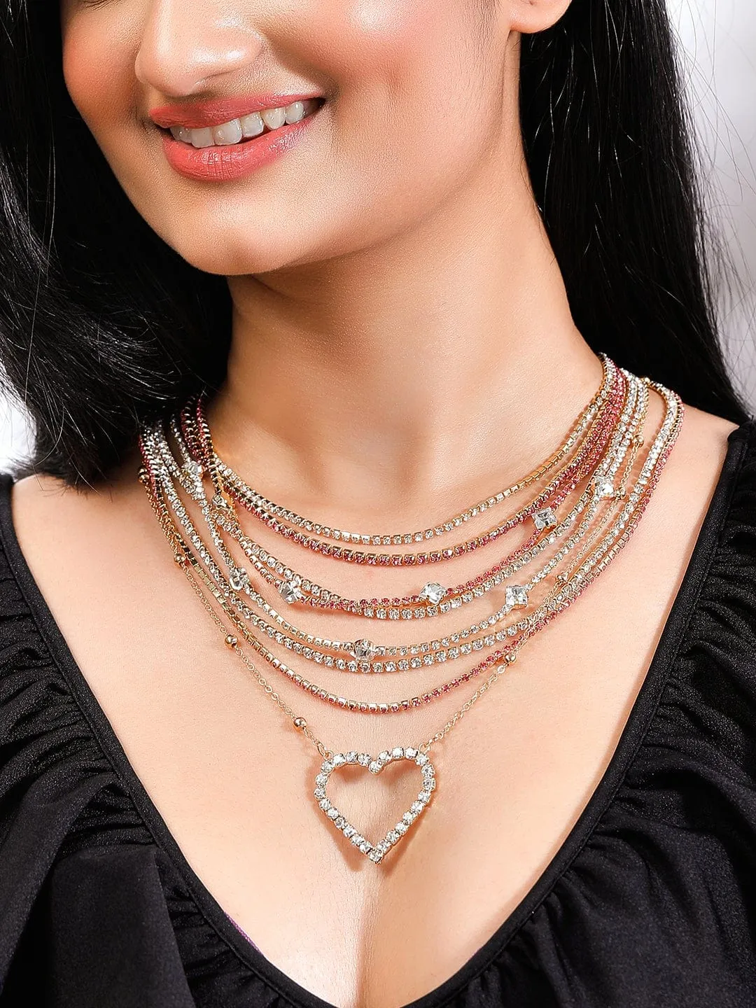 Rubans Voguish Gold Plated Zircon Studded Layered Necklace