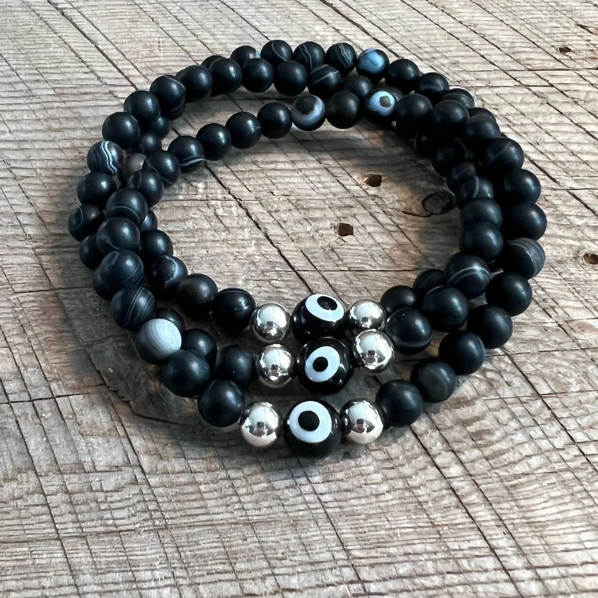 SariBlue® Evil Eye and Matte Black Agate with Sterling Silver Beads Bracelet