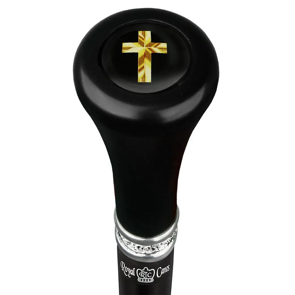 Scratch and Dent Christian Cross Symbol Top Walking Stick w/ Black Beechwood Shaft & Pewter Collar V2172