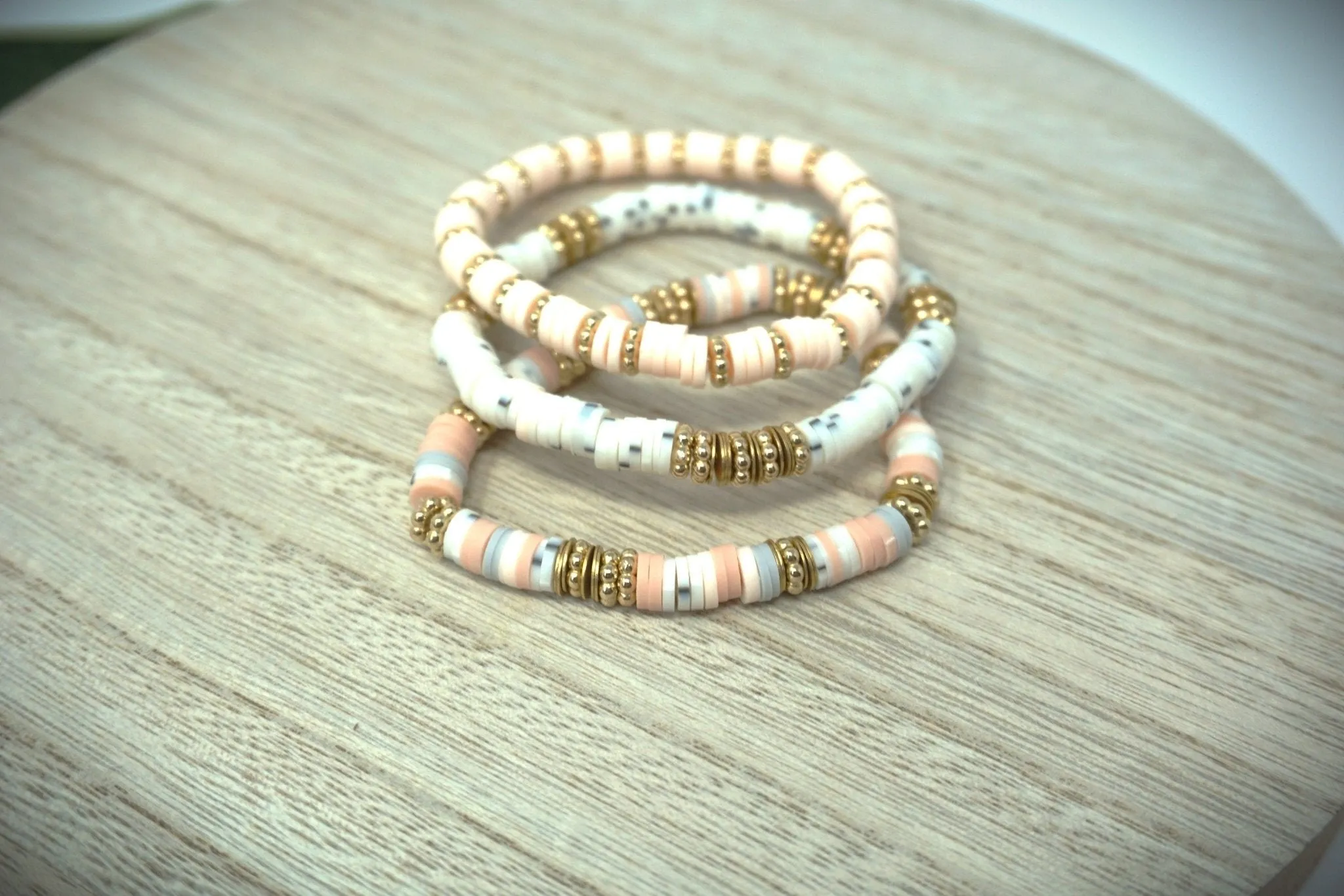 Shades of Sand Handmade Heishi Bead Bracelet 3 piece stack