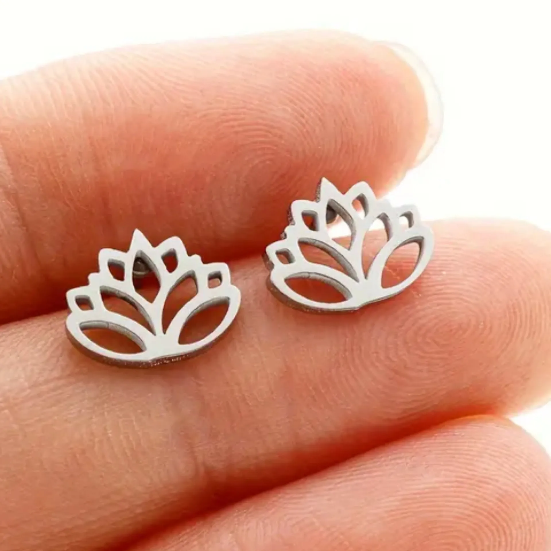 Silver Cutout Lotus Flower Stud Earrings