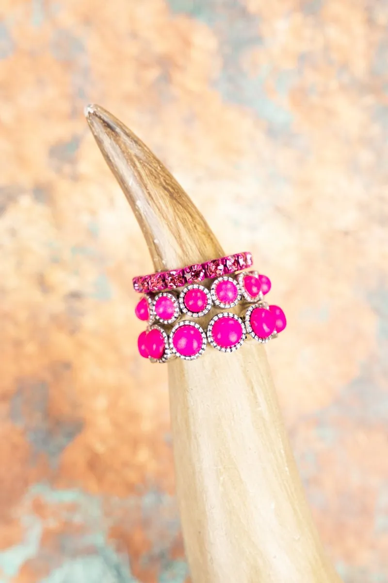 Silvertone Rhinestone and Hot Pink Stretch Ring Set